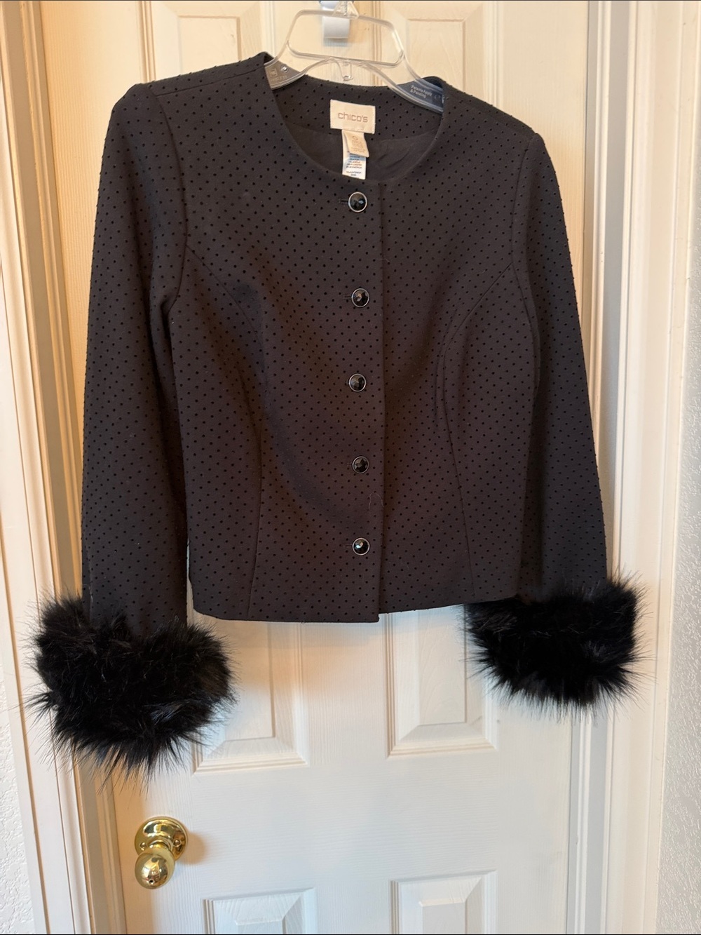 Chico's Black Perforated Bolero Jacket with Faux Fur Cuffs